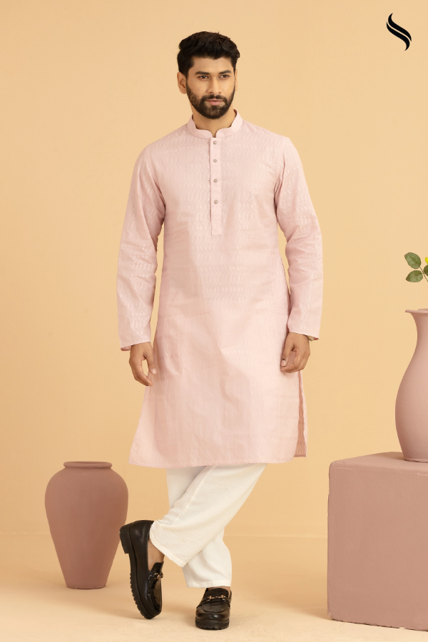 SEESHELL Men's Panjabi Premium Cotton All Over Embroidery Pink