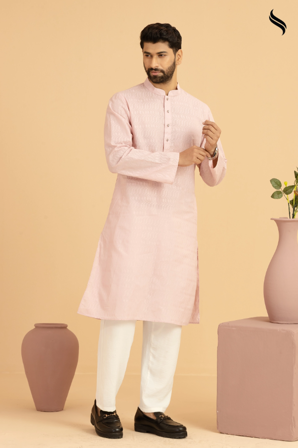 SEESHELL Men's Panjabi Premium Cotton All Over Embroidery Pink (Pink Color) 02
