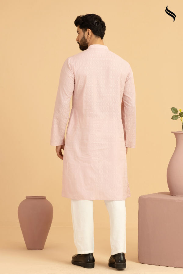 SEESHELL Men's Panjabi Premium Cotton All Over Embroidery Pink (Pink Color) 03