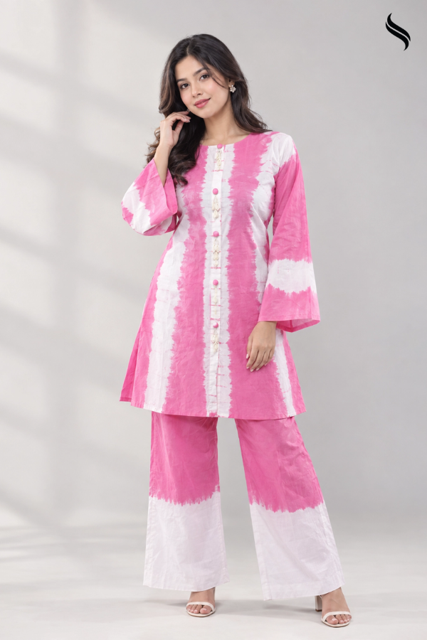 SEESHELL Women's Co Ord Cotton Tie Dye Shirt Style Pink