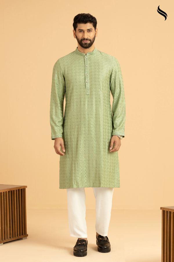 SEESHELL Men's Premium Button Panjabi Chikenkari Pistachino Green (Pistachio green Color) 02