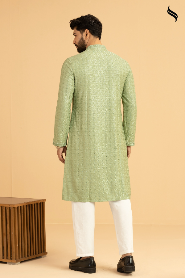 SEESHELL Men's Premium Button Panjabi Chikenkari Pistachino Green (Pistachio green Color) 03