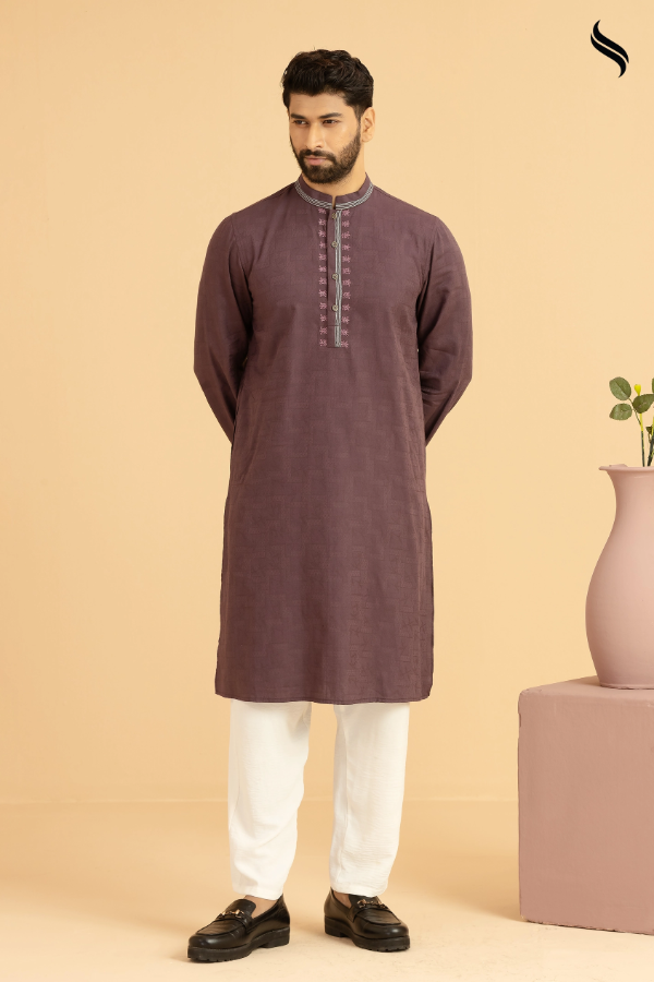 SEESHELL Men's Panjabi Cotton Intricate Hand Embroidery Plum