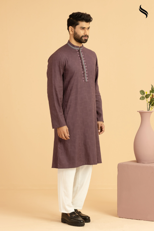 SEESHELL Men's Panjabi Cotton Intricate Hand Embroidery Plum (Plum Color) 02