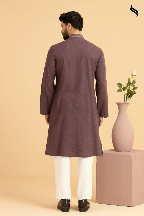 SEESHELL Men's Panjabi Cotton Intricate Hand Embroidery Plum (Plum Color) 03