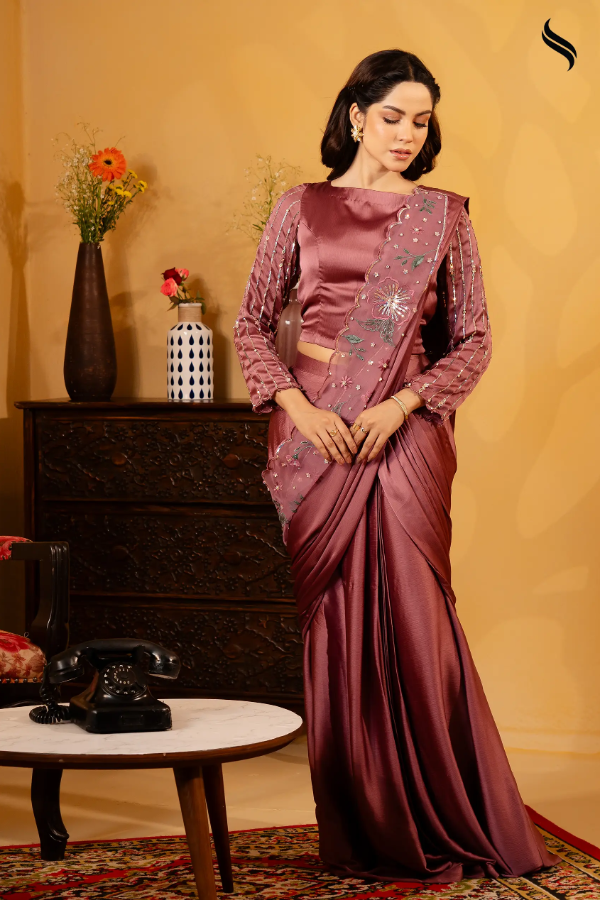 Plum Ready-to-wear Saree with Bead & Crystal Work on Achal