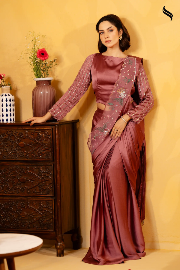 Plum Ready-to-wear Saree with Bead & Crystal Work on Achal (Plum Color) 02