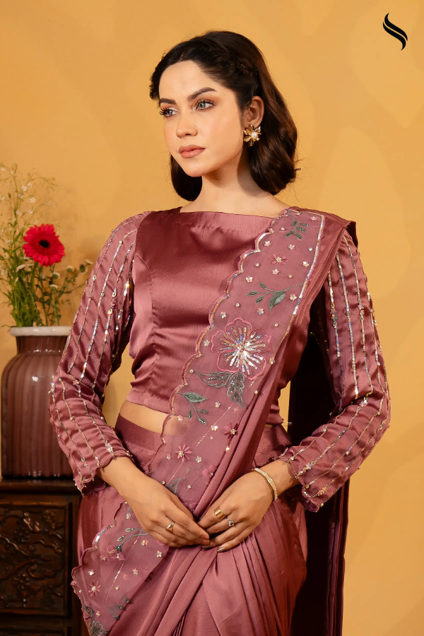 Plum Ready-to-wear Saree with Bead & Crystal Work on Achal (Plum Color) 03