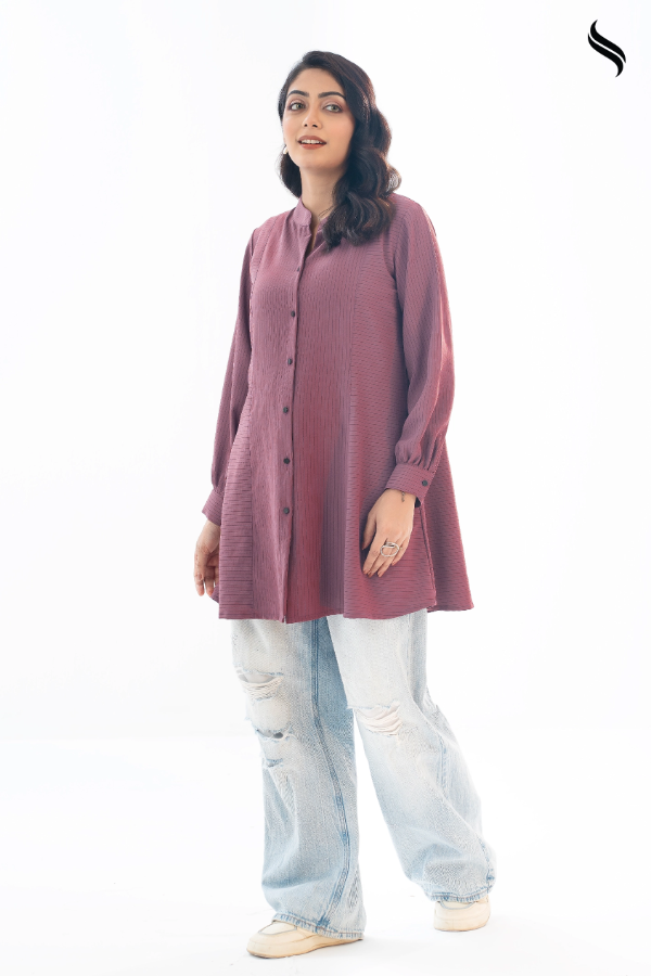 Plum Relaxed Fit Striped Blended Silk Top