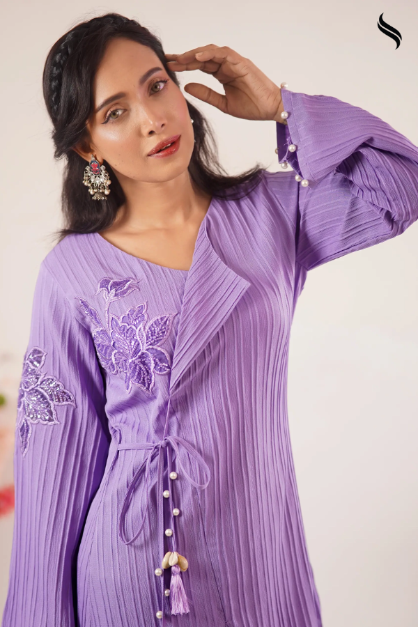 Popcorn Angrakha Style Co-ord Set With Lace Applique (Lavender Color) 01