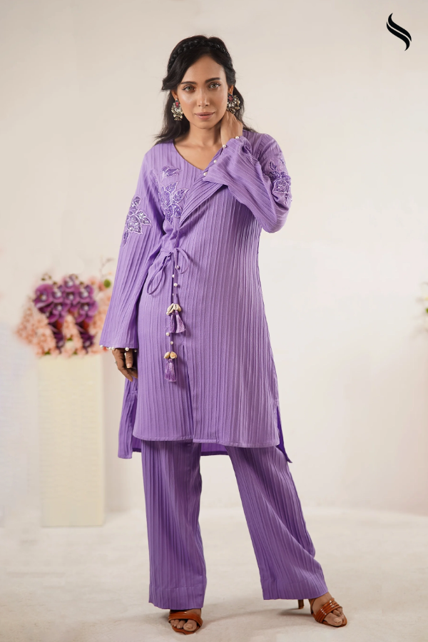 Popcorn Angrakha Style Co-ord Set With Lace Applique (Lavender Color) 02