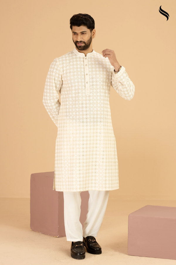 SEESHELL Men's Metal Button Panjabi Premium Chikenkari Off White