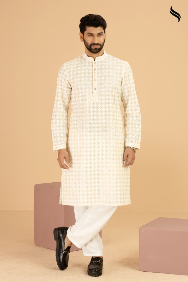 SEESHELL Men's Metal Button Panjabi Premium Chikenkari Off White (Off white Color) 02