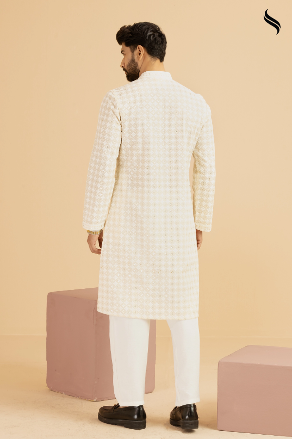 SEESHELL Men's Metal Button Panjabi Premium Chikenkari Off White (Off white Color) 03