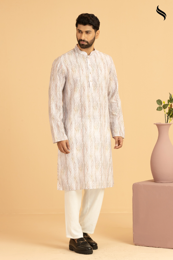 SEESHELL Men's Panjabi Printed Embossed Cotton Cream (Cream Print Color) 02