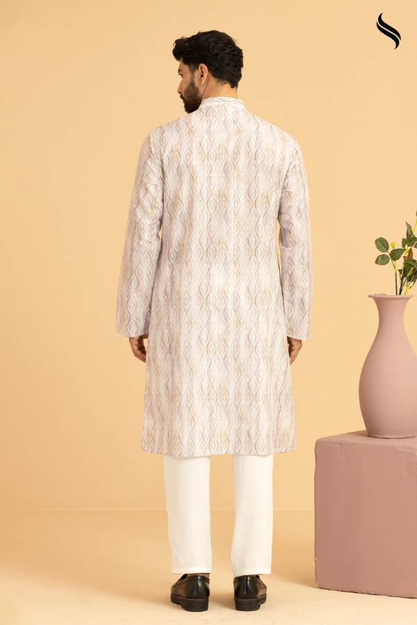 SEESHELL Men's Panjabi Printed Embossed Cotton Cream (Cream Print Color) 03