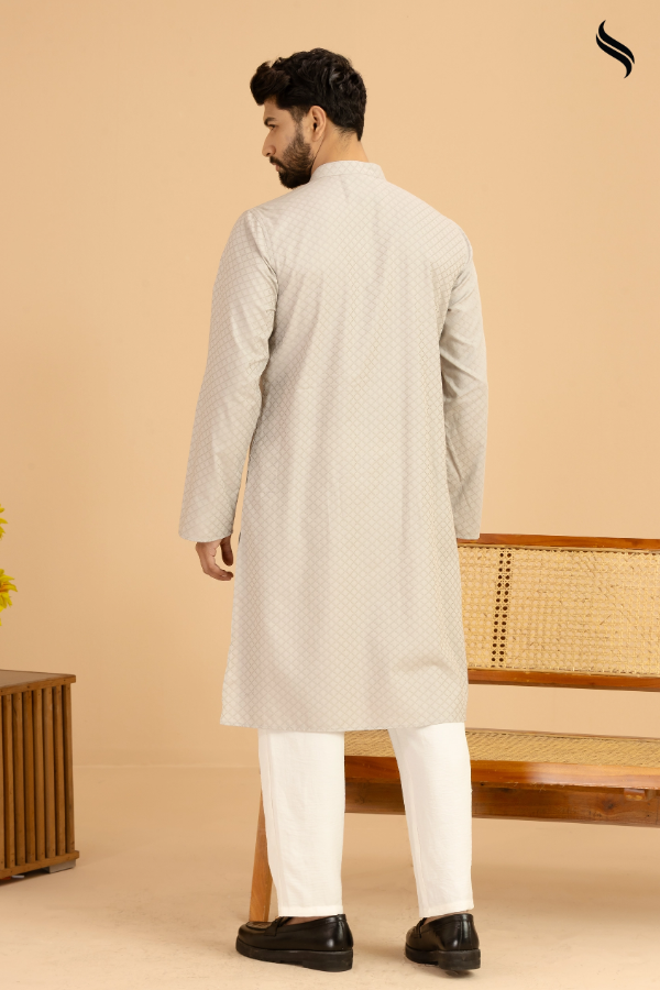 SEESHELL Men's Panjabi Blended Cotton Hand Embroidery Gray (Gray Color) 02