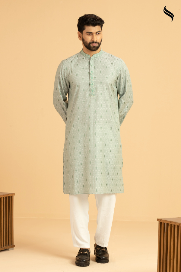 SEESHELL Men's Panjabi Blended Silk Tambour Beadwork Mint (Mint Color) 02