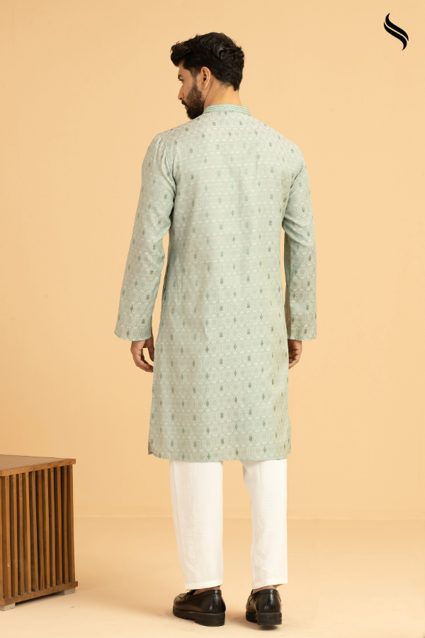 SEESHELL Men's Panjabi Blended Silk Tambour Beadwork Mint (Mint Color) 03