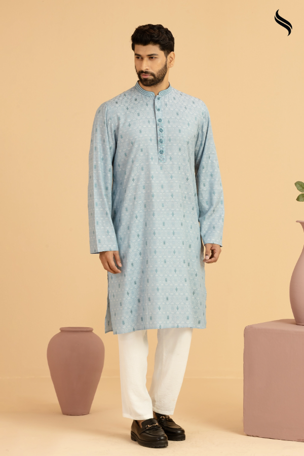 SEESHELL Men's Panjabi Beaded Tambour Work Powder Blue (Powder blue Color) 02