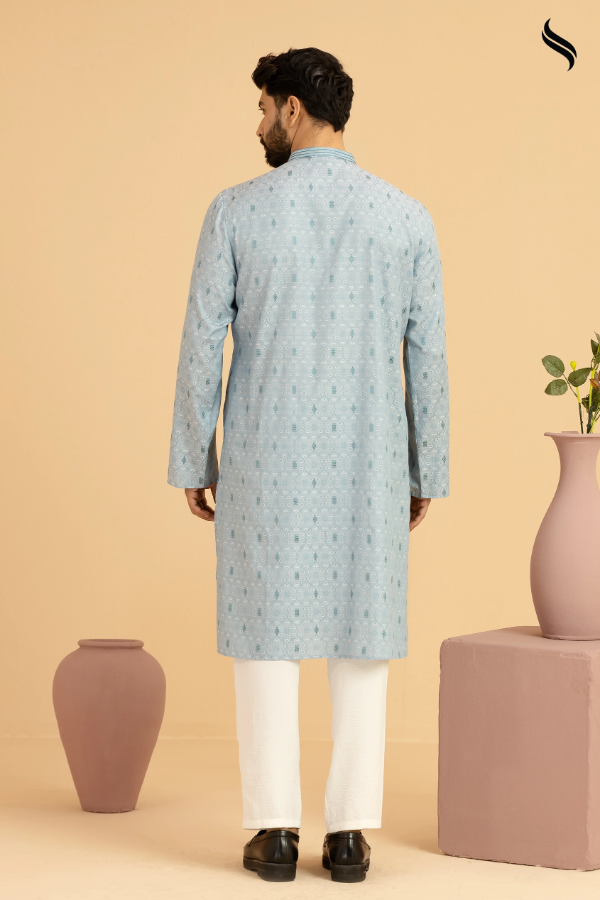 SEESHELL Men's Panjabi Beaded Tambour Work Powder Blue (Powder blue Color) 03