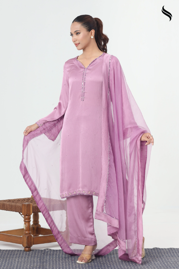 SEESHELL Women's Three Piece Luxury Silk Karchupi Purple