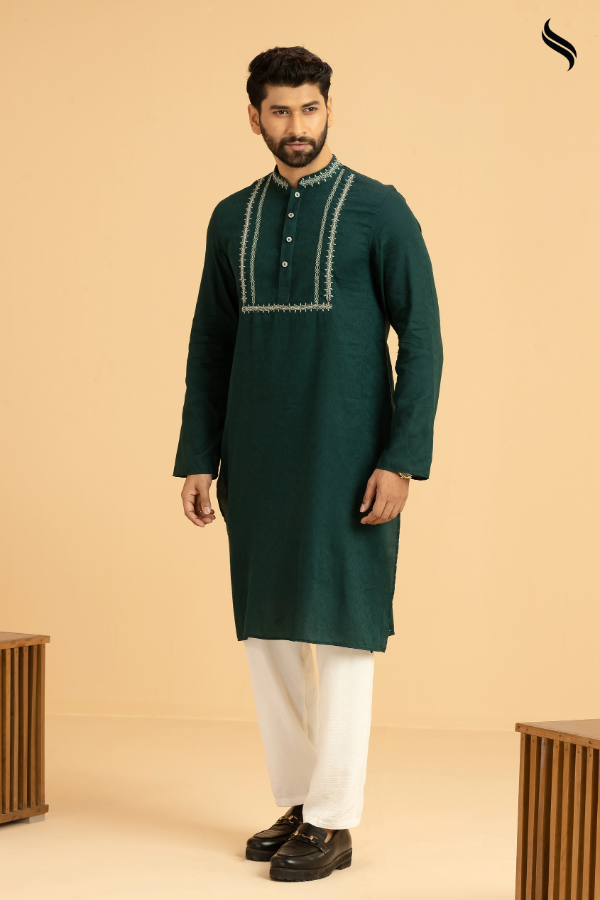 SEESHELL Men's Panjabi Cotton Hand Embroidery Racing Green