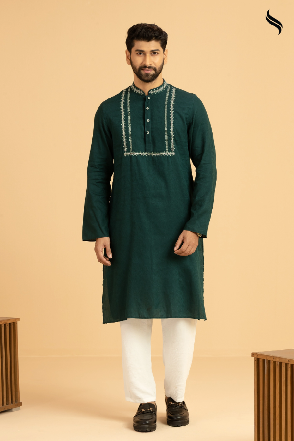SEESHELL Men's Panjabi Cotton Hand Embroidery Racing Green (Racing green Color) 02