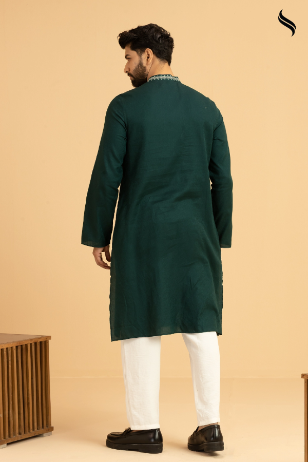 SEESHELL Men's Panjabi Cotton Hand Embroidery Racing Green (Racing green Color) 03