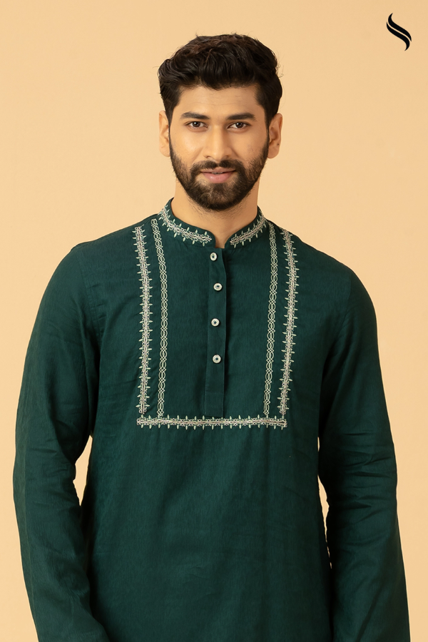 SEESHELL Men's Panjabi Cotton Hand Embroidery Racing Green (Racing green Color) 04