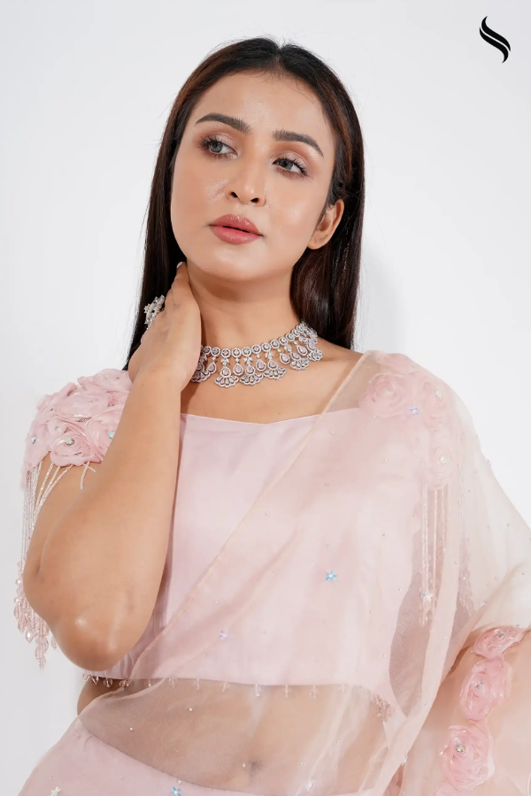 Ready To Wear Baby Pink Muslin Saree (Peach Color) 01