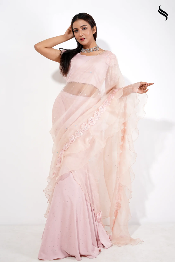 Ready To Wear Baby Pink Muslin Saree (Peach Color) 02