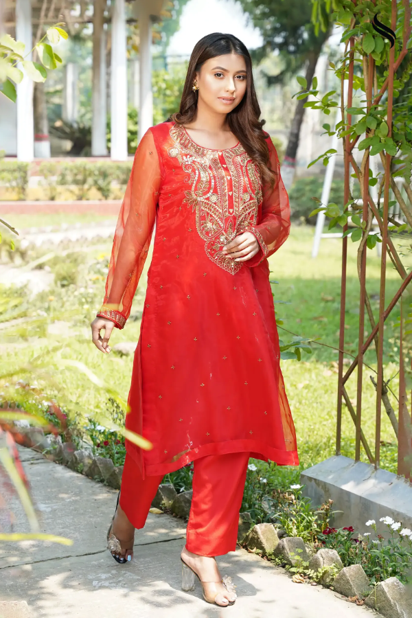 SEESHELL Women's Zardousi Work 2pcs Organza Red