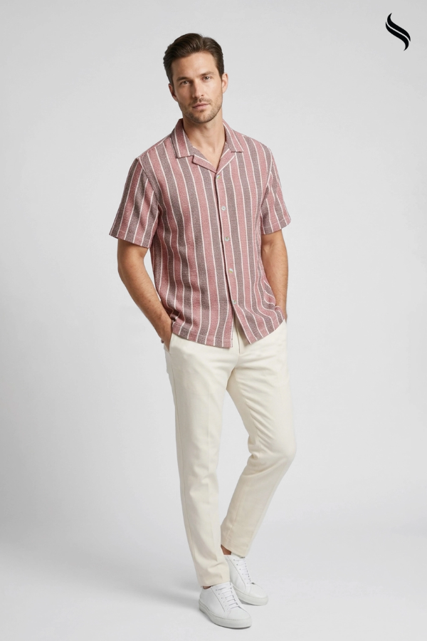 SEESHELL Men's Cuban Shirt Striped Remi Cotton Pale Red