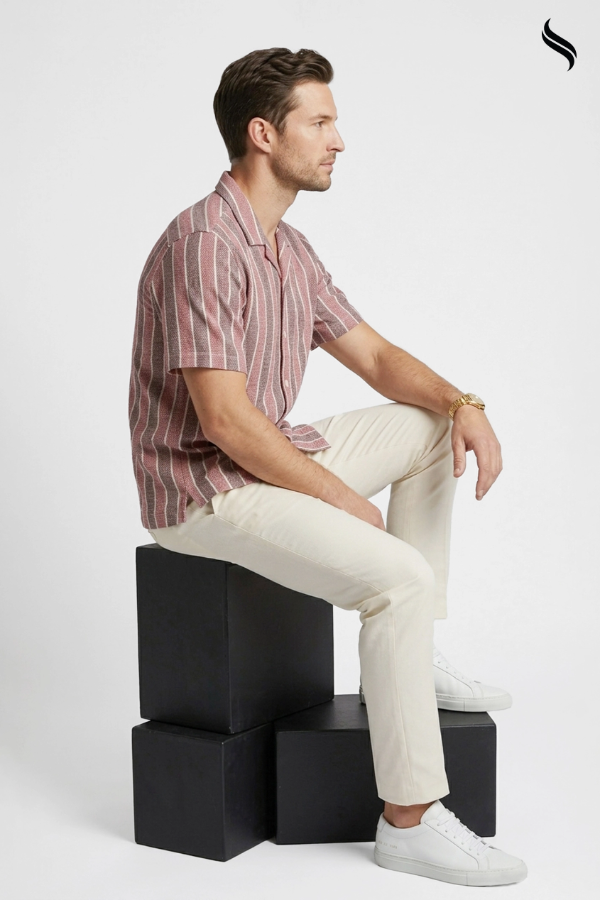 SEESHELL Men's Cuban Shirt Striped Remi Cotton Pale Red (Pale Red Stripe Color) 02