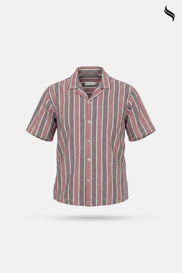 SEESHELL Men's Cuban Shirt Striped Remi Cotton Pale Red (Pale Red Stripe Color) 03