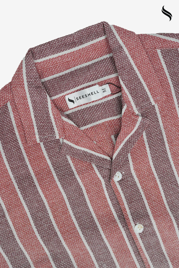 SEESHELL Men's Cuban Shirt Striped Remi Cotton Pale Red (Pale Red Stripe Color) 05