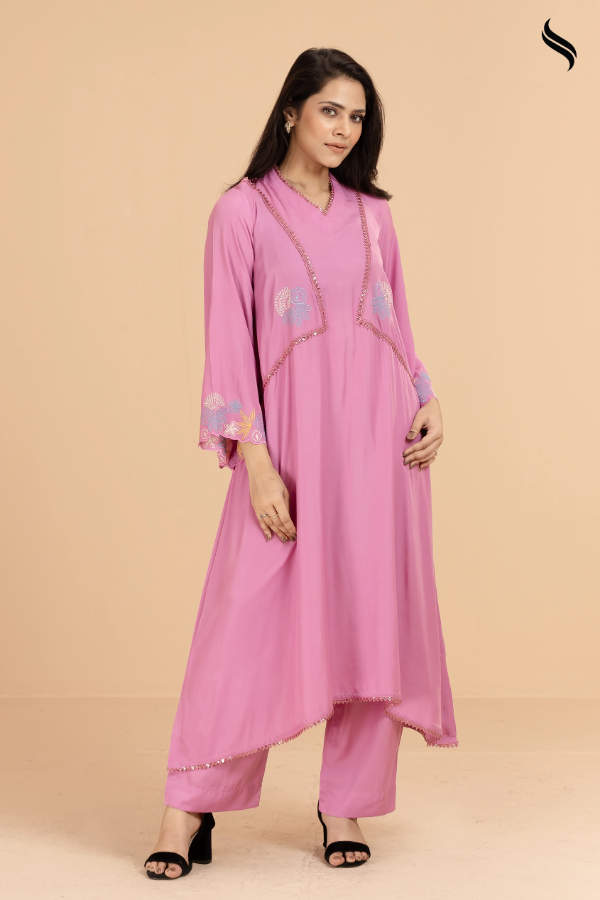 SEESHELL Women's Two Piece Blended Silk Threadwork Rose Pink