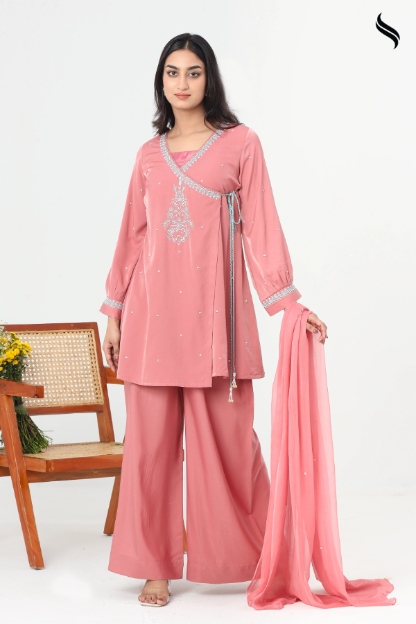 SEESHELL Women's Three Piece Silk Hand Embroidery Rose Pink