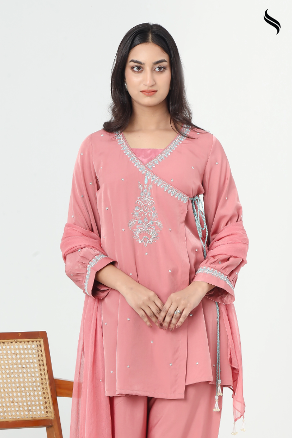 SEESHELL Women's Three Piece Silk Hand Embroidery Rose Pink (Rose Pink Color) 02