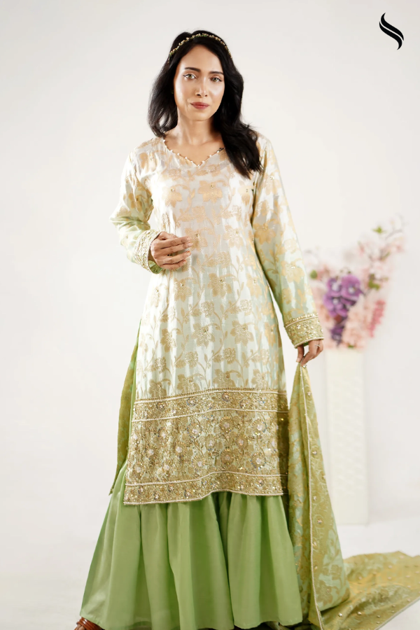 Royal Ombre Katan Gharara Three Piece Set With Zardousi Work (Pistachio Color) 02