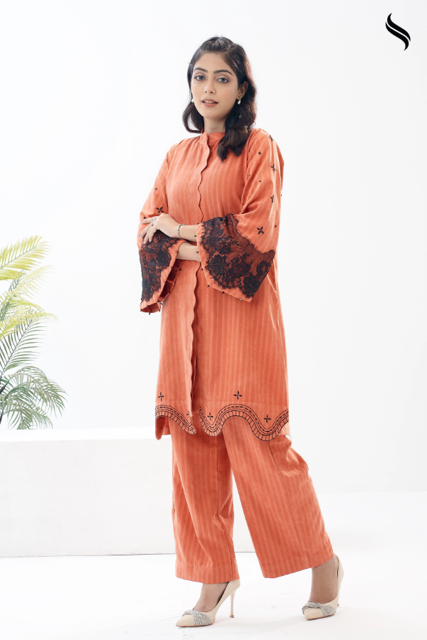 SEESHELL Women's Co Ord Cotton Lace Embroidery Rust Orange (Rustic Orange Color) 02