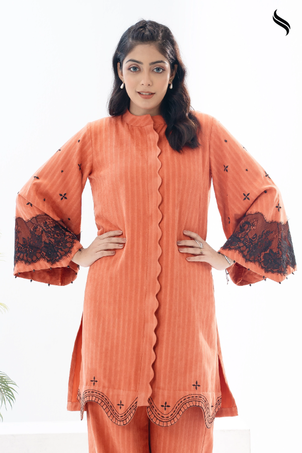 SEESHELL Women's Co Ord Cotton Lace Embroidery Rust Orange (Rustic Orange Color) 03