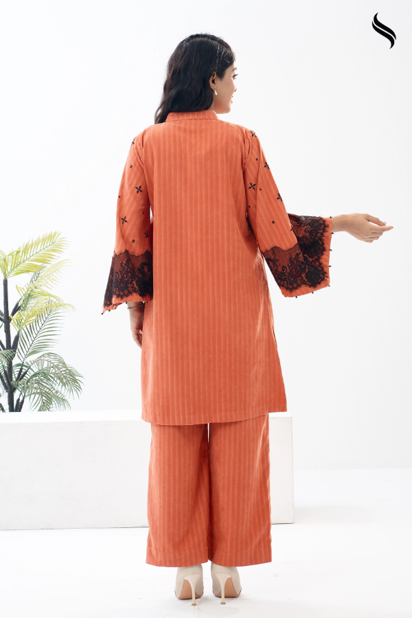 SEESHELL Women's Co Ord Cotton Lace Embroidery Rust Orange (Rustic Orange Color) 04