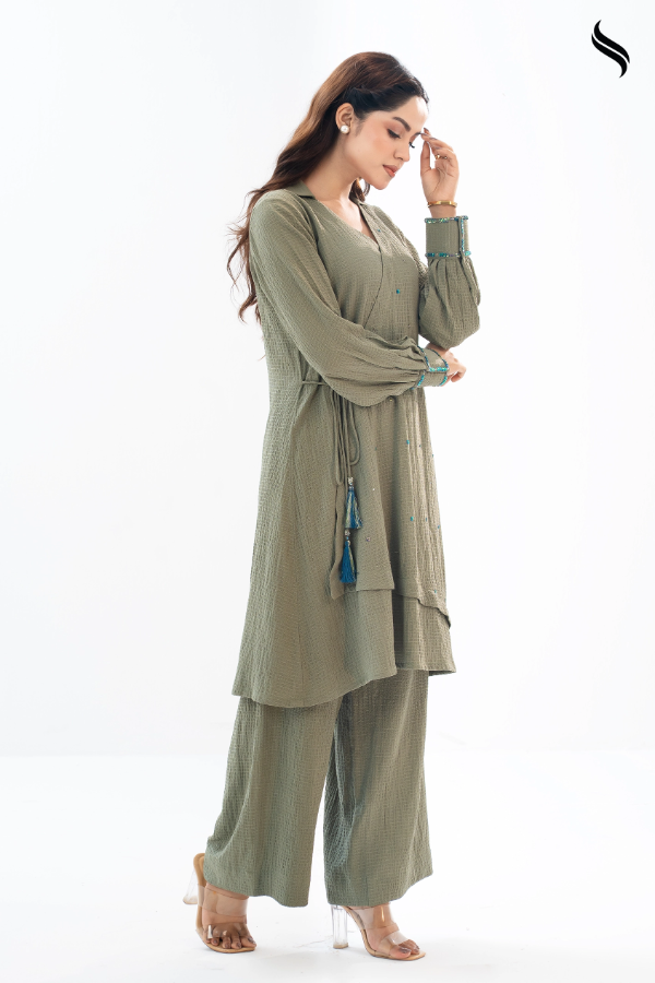 SEESHELL Women's Co Ord Crushed Silk Handwork Sage Green (Sage Green Color) 02