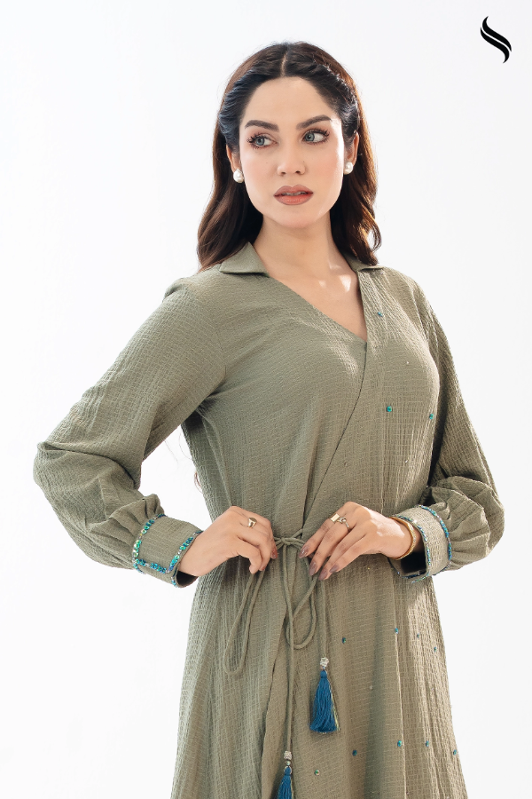 SEESHELL Women's Co Ord Crushed Silk Handwork Sage Green (Sage Green Color) 03
