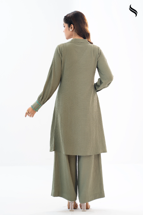 SEESHELL Women's Co Ord Crushed Silk Handwork Sage Green (Sage Green Color) 04
