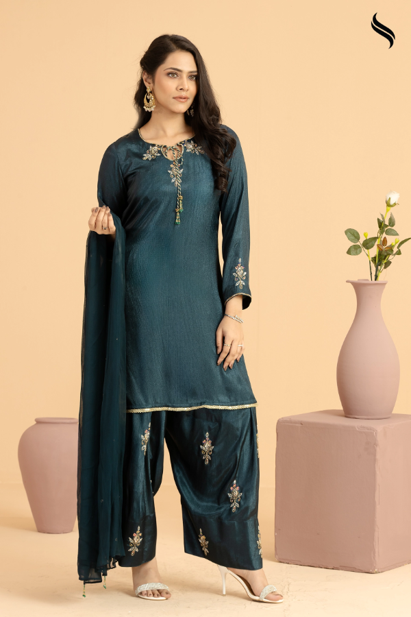 SEESHELL Women's Three Piece Zari Silk Chiffon Sea Green
