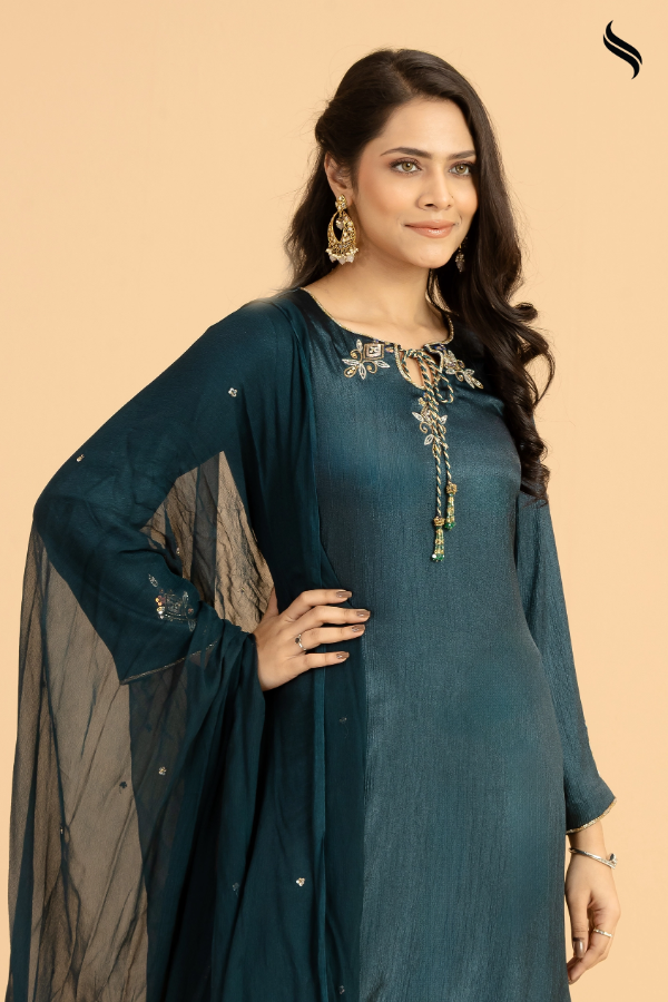 SEESHELL Women's Three Piece Zari Silk Chiffon Sea Green (Sea green Color) 02