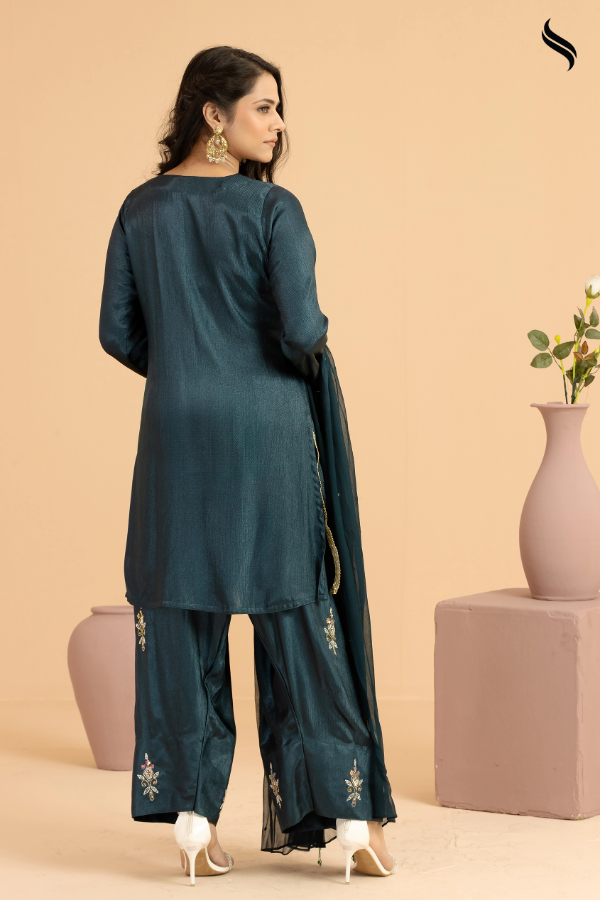 SEESHELL Women's Three Piece Zari Silk Chiffon Sea Green (Sea green Color) 03